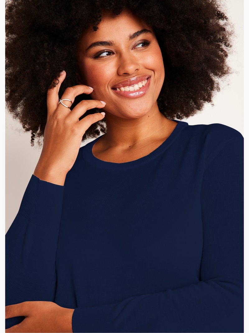 Pull col rond manches longues laine mérinos Bleu - Kiabi