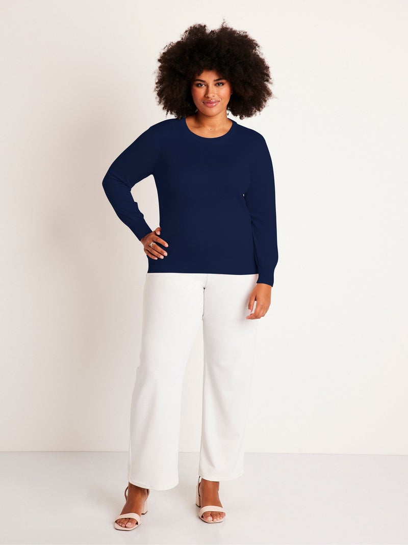 Pull col rond manches longues laine mérinos Bleu marine - Kiabi