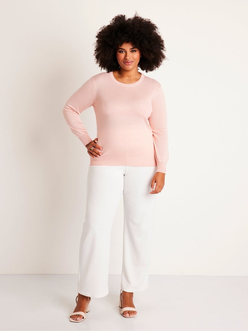 Pull col rond manches longues laine mérinos Rose - Kiabi