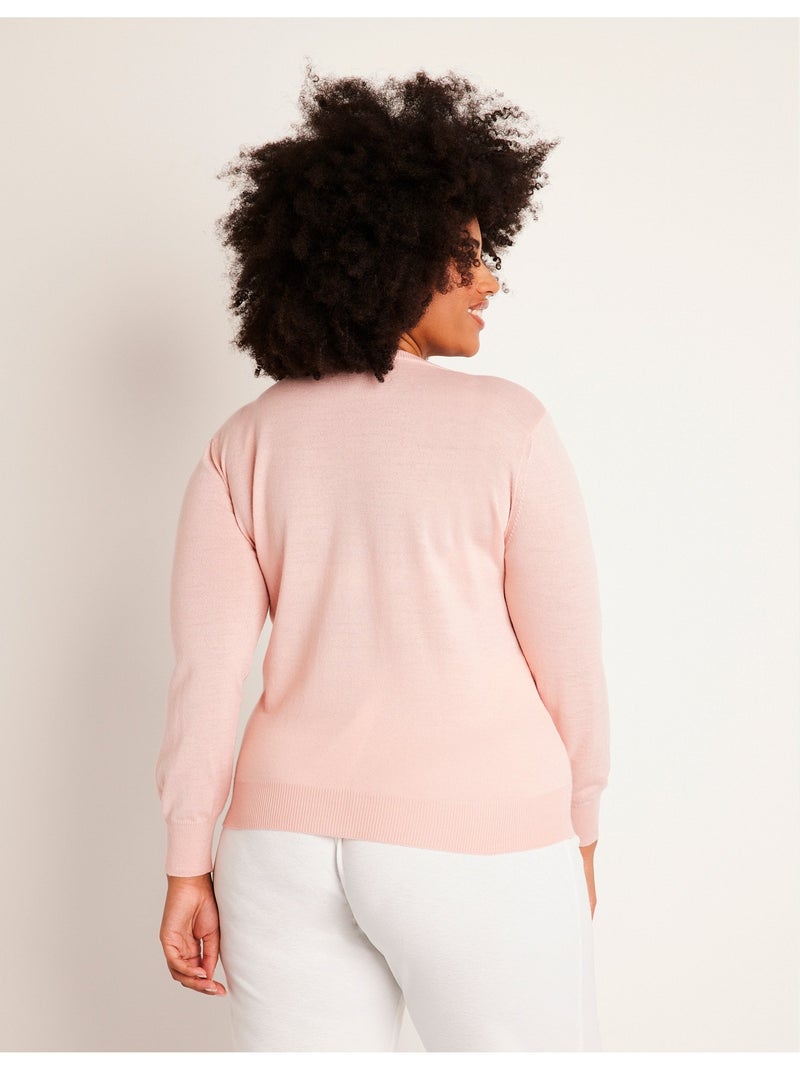 Pull col rond manches longues laine mérinos Rose - Kiabi