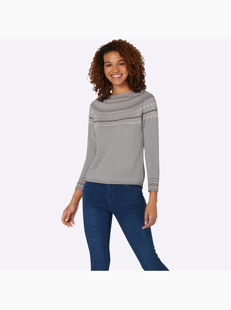 Pull col rond motif norvégien et manches raglan et finitions côtelées - taille standard - witt Gris chiné - Kiabi