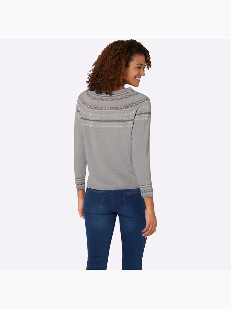Pull col rond motif norvégien et manches raglan et finitions côtelées - taille standard - witt Gris chiné - Kiabi