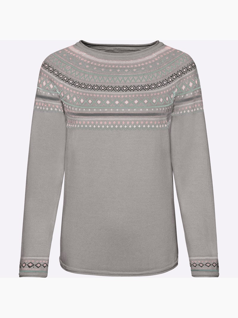 Pull col rond motif norvégien et manches raglan et finitions côtelées - taille standard - witt Gris chiné - Kiabi