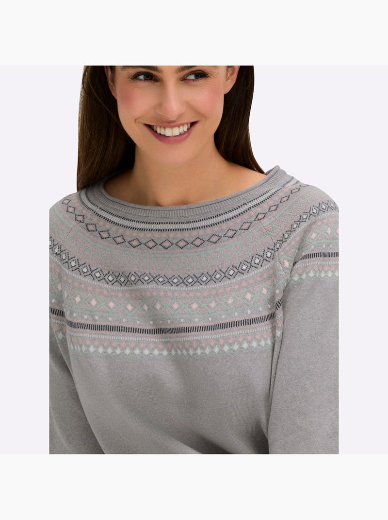 Pull col rond motif norvégien et manches raglan et finitions côtelées - taille standard - witt Gris chiné - Kiabi