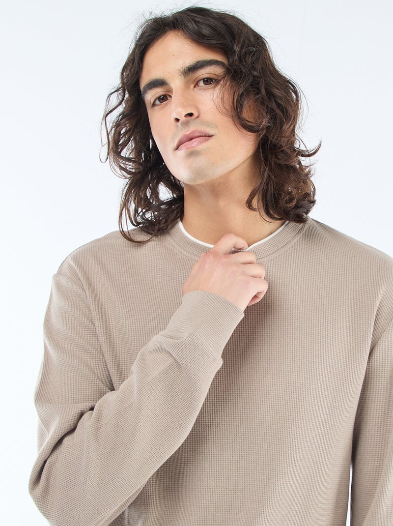 Pull col rond nid d'abeille Beige - Kiabi