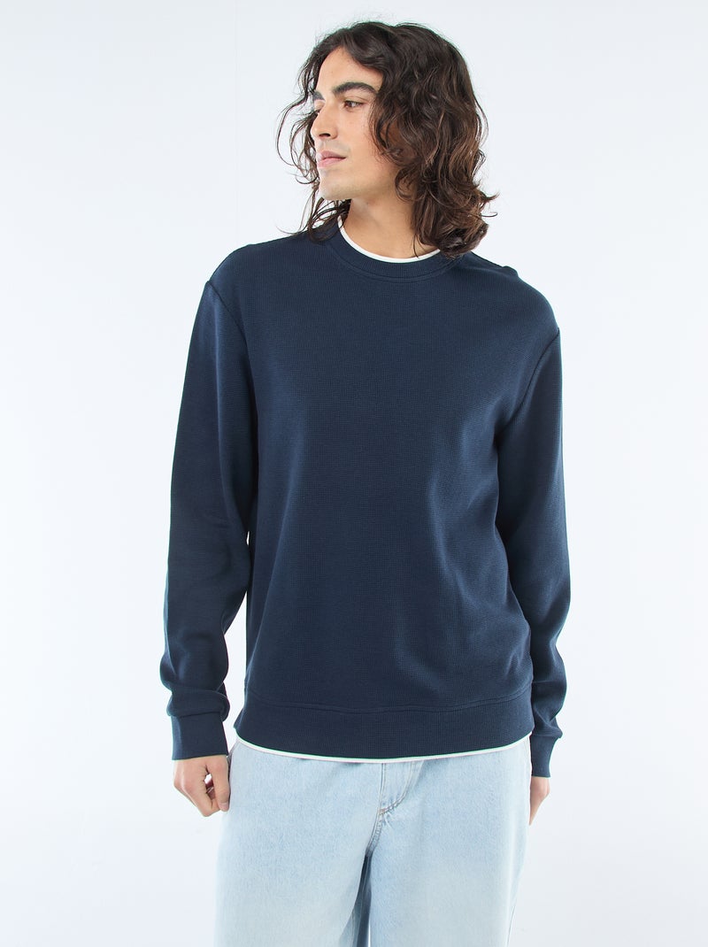 Pull col rond nid d'abeille Bleu - Kiabi