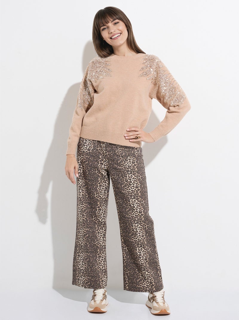 Pull col rond, perles et strass brillants - afibel - Beige - Femme - 26 ...