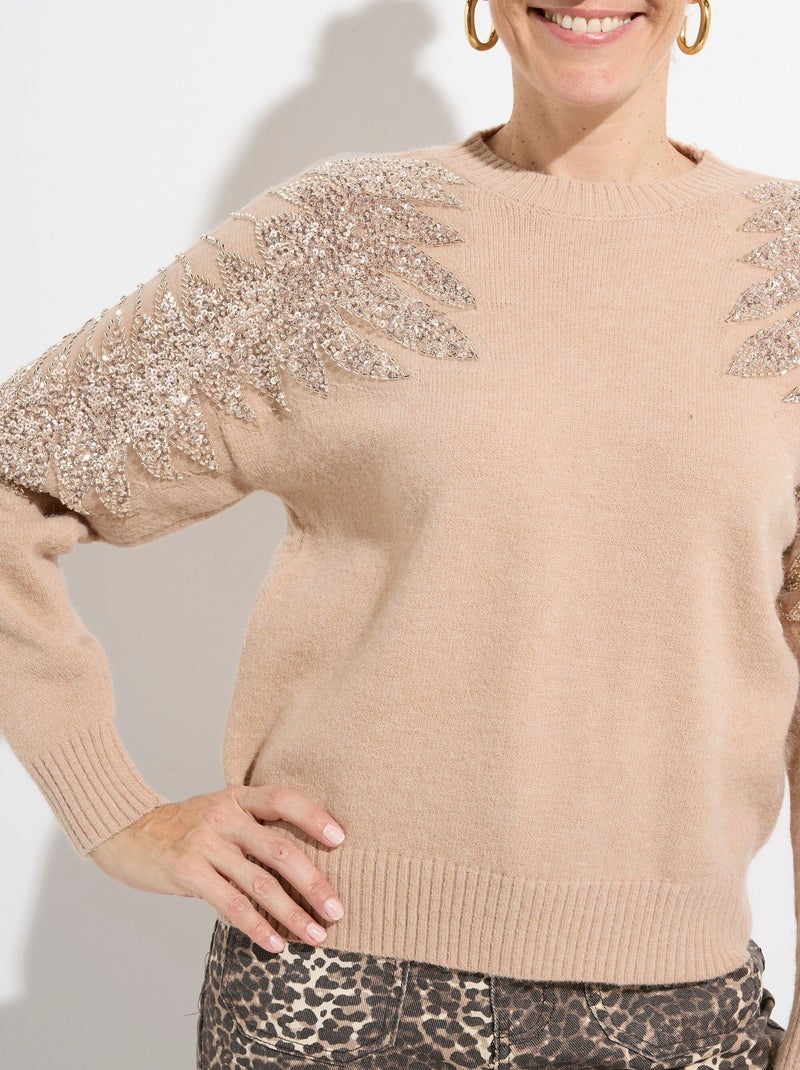 Pull col rond, perles et strass brillants - afibel - Beige - Femme - 26 ...