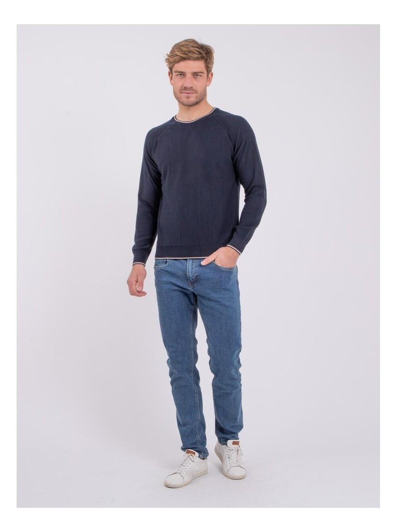 Pull col rond pur coton AMATEO Bleu marine - Kiabi