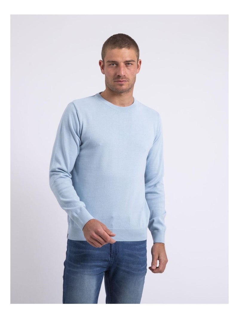 Pull col rond pur coton LADARKO Bleu ciel - Kiabi