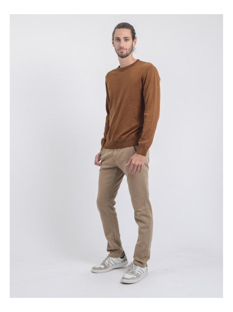 Pull col rond pur coton LADARKO Marron caramel - Kiabi