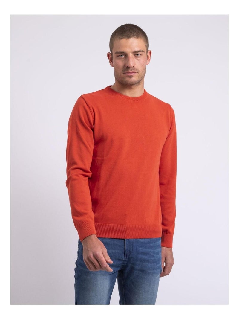 Pull col rond pur coton LADARKO Orange corail - Kiabi