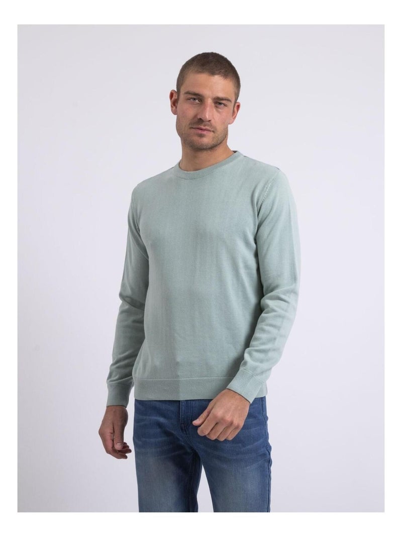 Pull col rond pur coton LADARKO Vert pistache - Kiabi