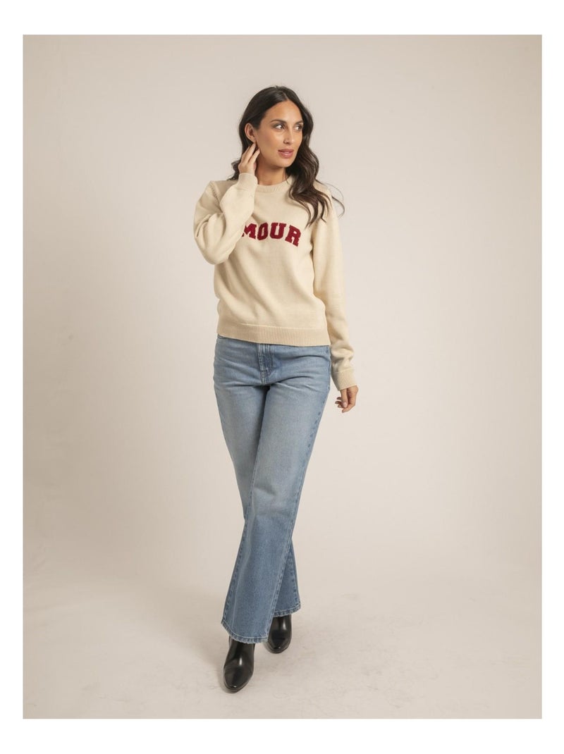 Pull col rond pur coton message KOURI Beige - Kiabi