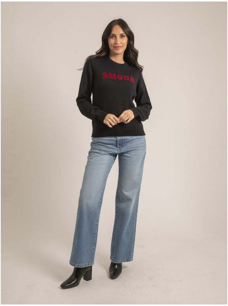 Pull col rond pur coton message KOURI Bleu marine - Kiabi