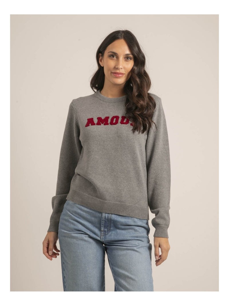 Pull col rond pur coton message KOURI Gris - Kiabi