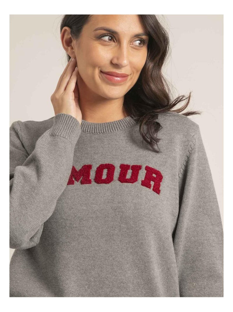 Pull col rond pur coton message KOURI Gris - Kiabi