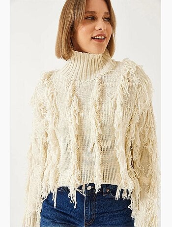 Pull col roulé à franges lucci