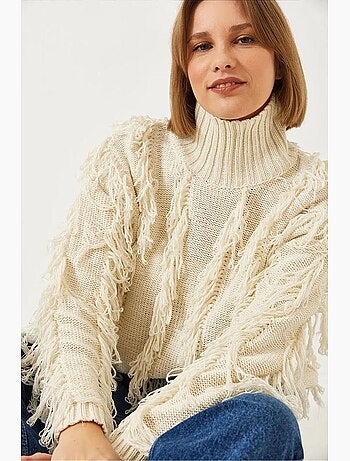Pull col roulé à franges lucci