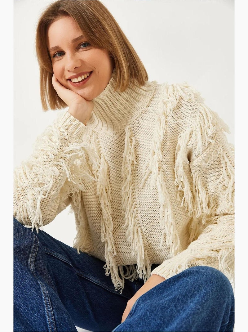 Pull col roulé à franges lucci Beige argile - Kiabi