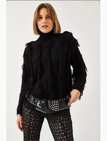 Pull col roulé à franges lucci