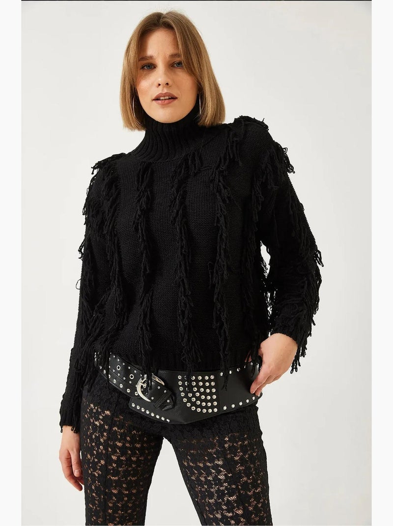 Pull col roulé à franges lucci Noir - Kiabi
