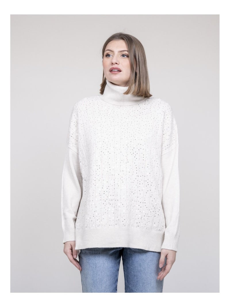 Pull col roulé à sequins KARLINE Ecru - Kiabi