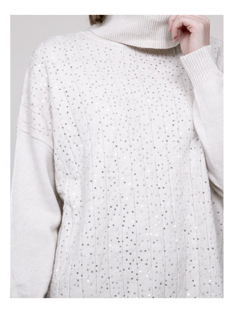 Pull col roulé à sequins KARLINE Ecru - Kiabi