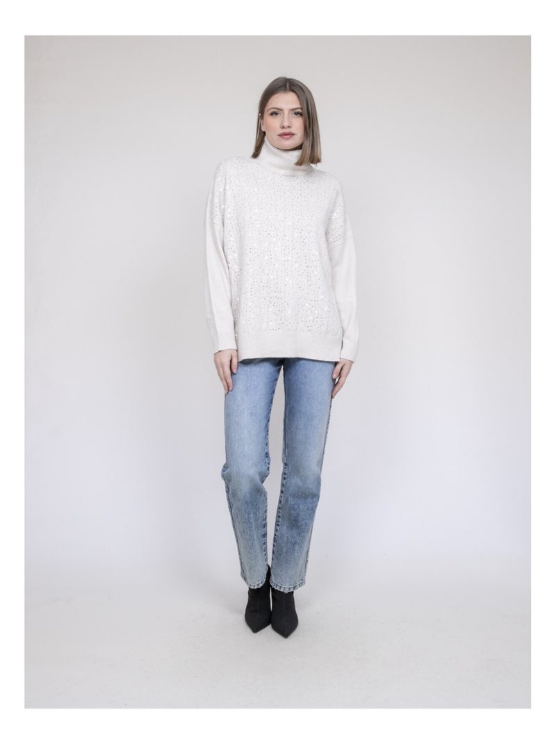 Pull col roulé à sequins KARLINE Ecru - Kiabi