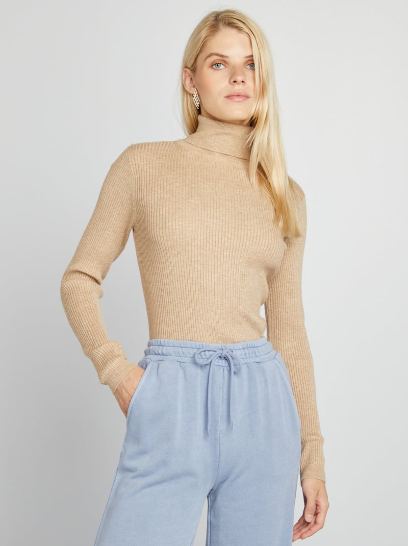Pull col roulé en maille côtelée Beige - Kiabi