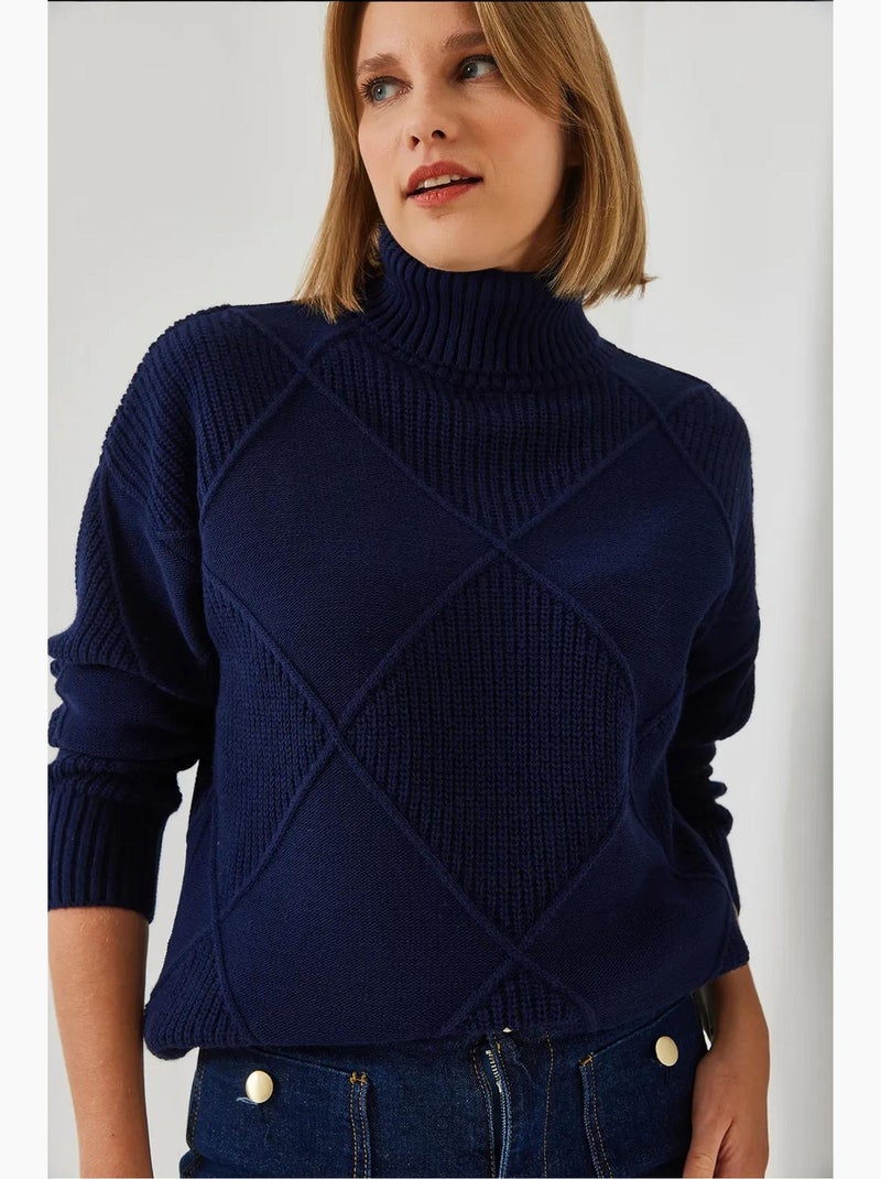 Pull col roulé en maille lucci Bleu marine - Kiabi