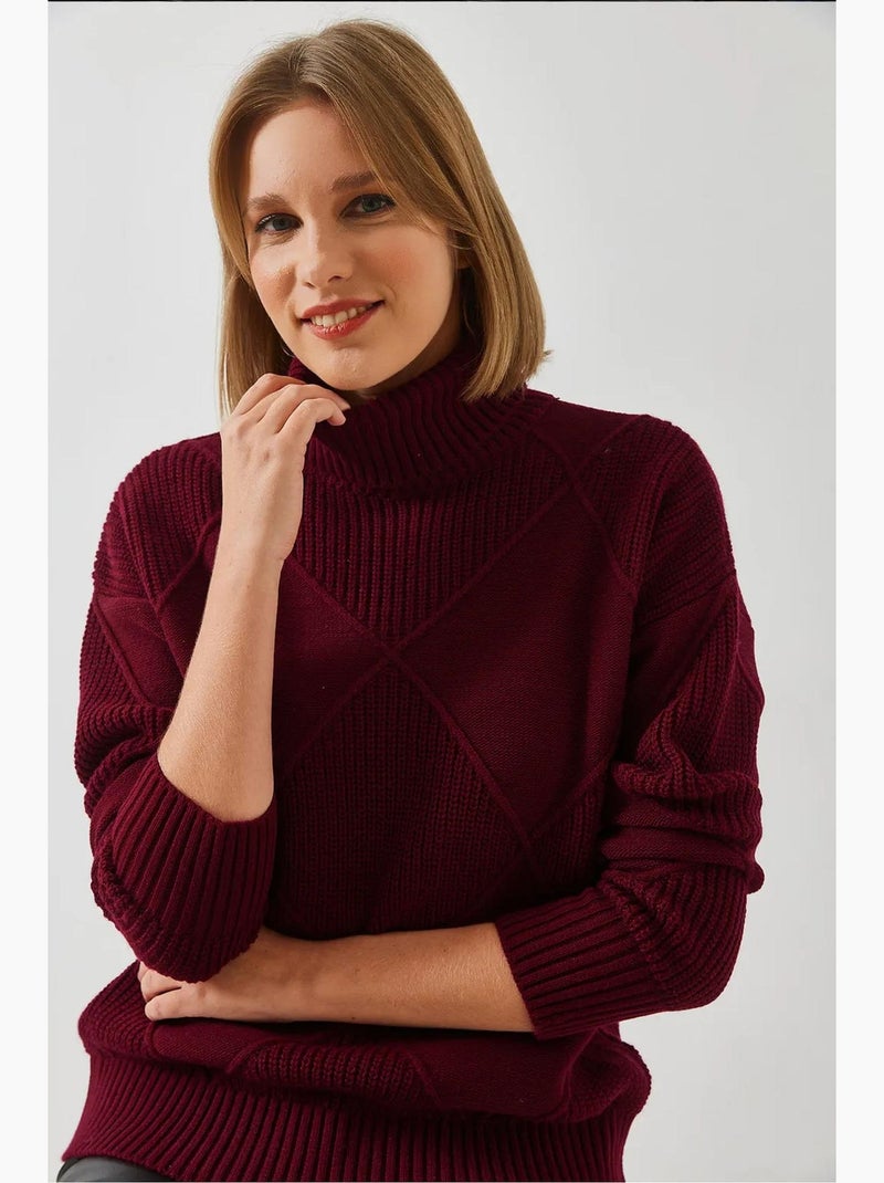 Pull col roulé en maille lucci Rouge bordeaux - Kiabi