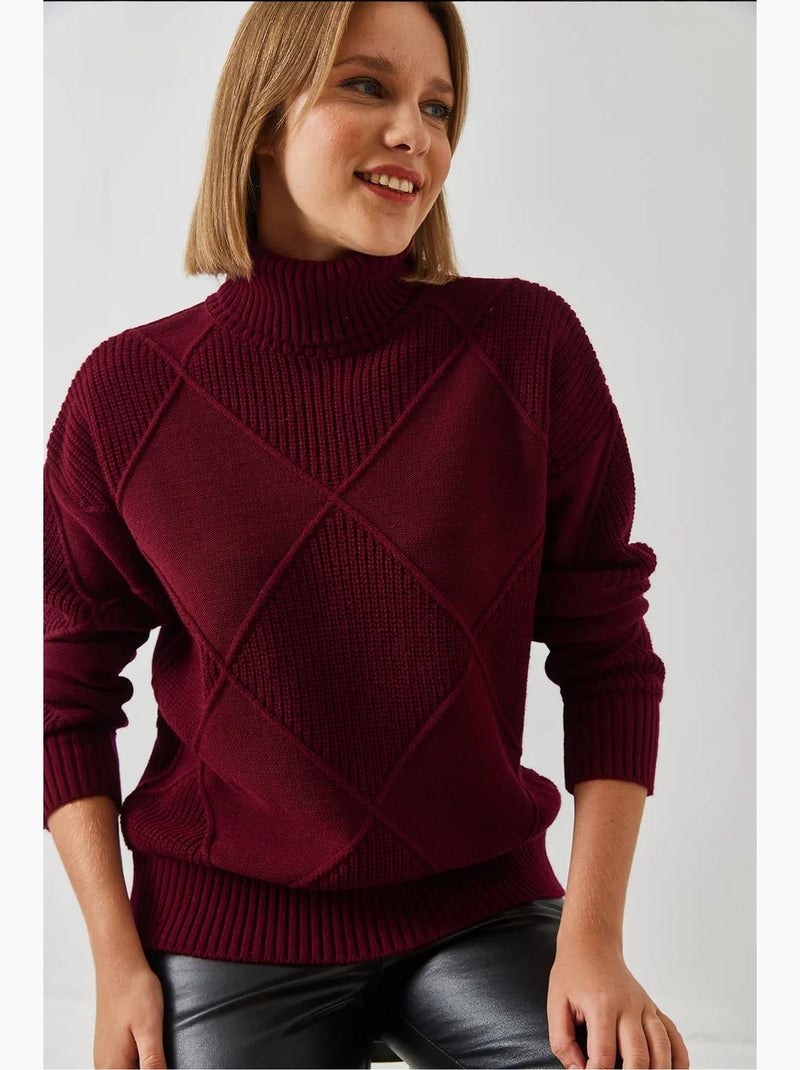 Pull col roulé en maille lucci Rouge bordeaux - Kiabi