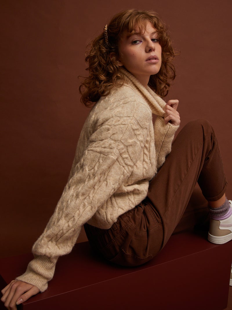 Pull col roulé en maille tricot Beige - Kiabi