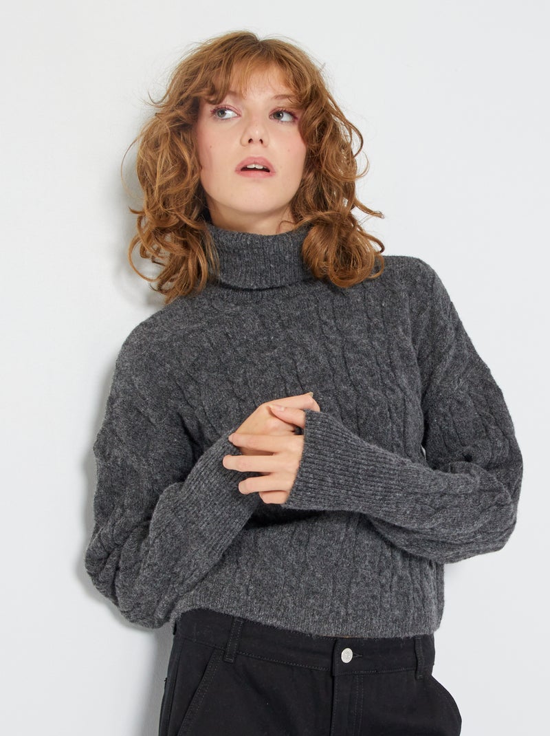 Pull col roulé en maille tricot Gris - Kiabi
