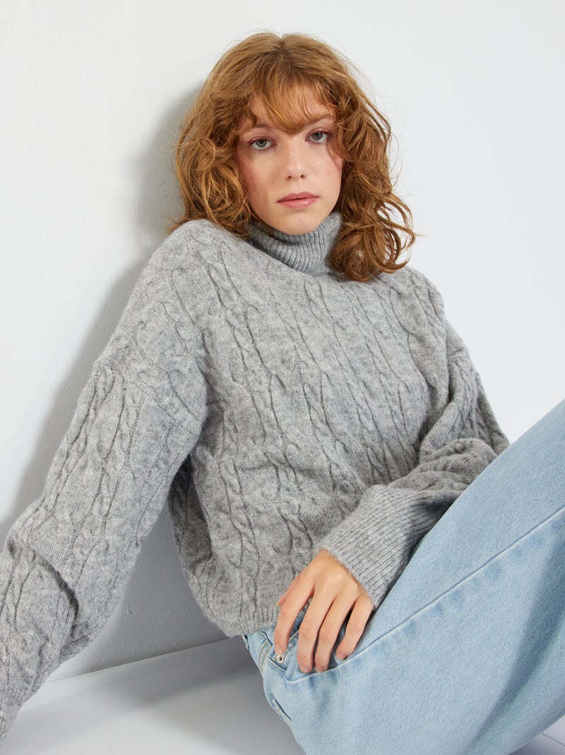 Pull col roulé en maille tricot Gris - Kiabi