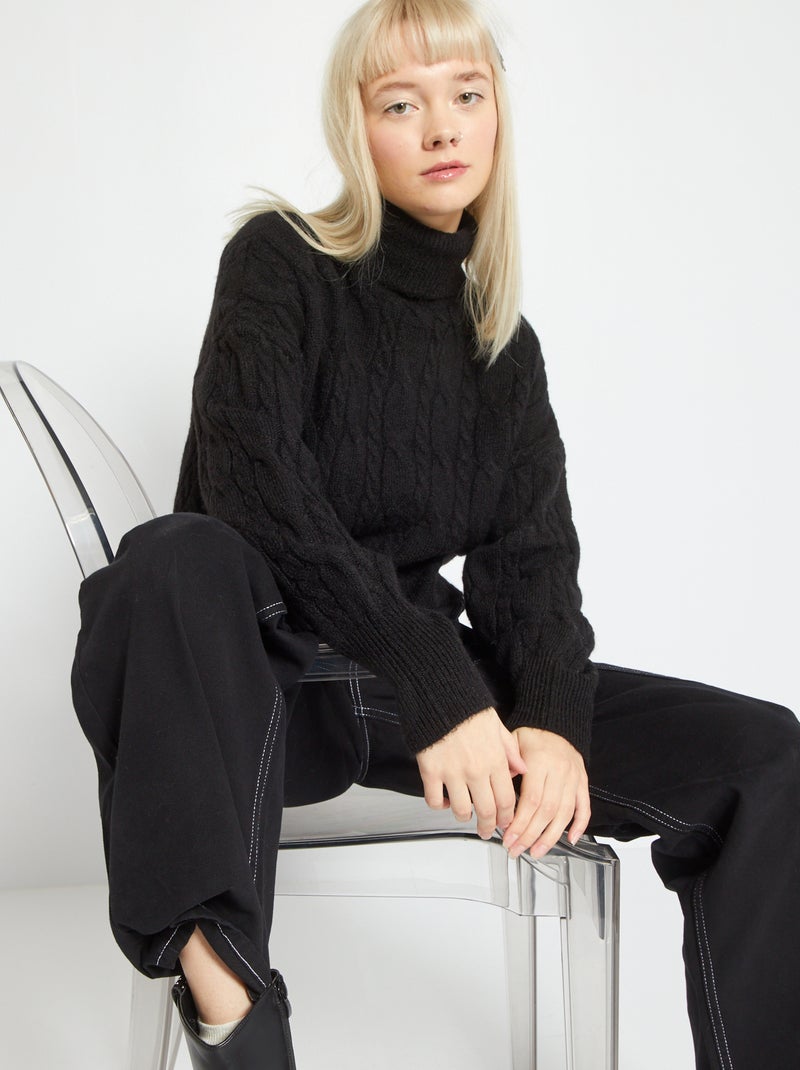 Pull col roulé en maille tricot noir - Kiabi