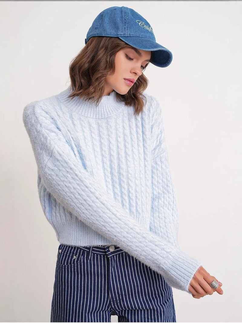 Pull col roulé mi-long en tricot épais avec motif tresse mixray Bleu ciel - Kiabi