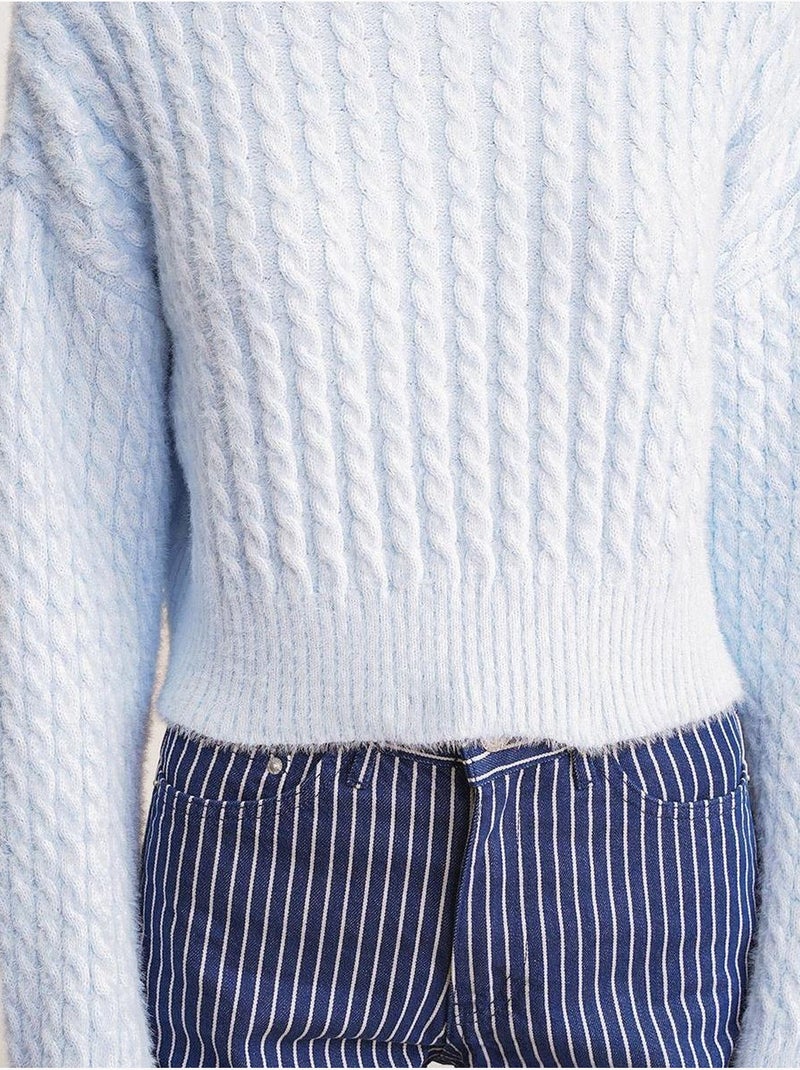 Pull col roulé mi-long en tricot épais avec motif tresse mixray Bleu ciel - Kiabi