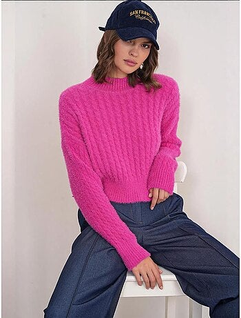 Pull col roulé mi-long en tricot épais avec motif tresse mixray