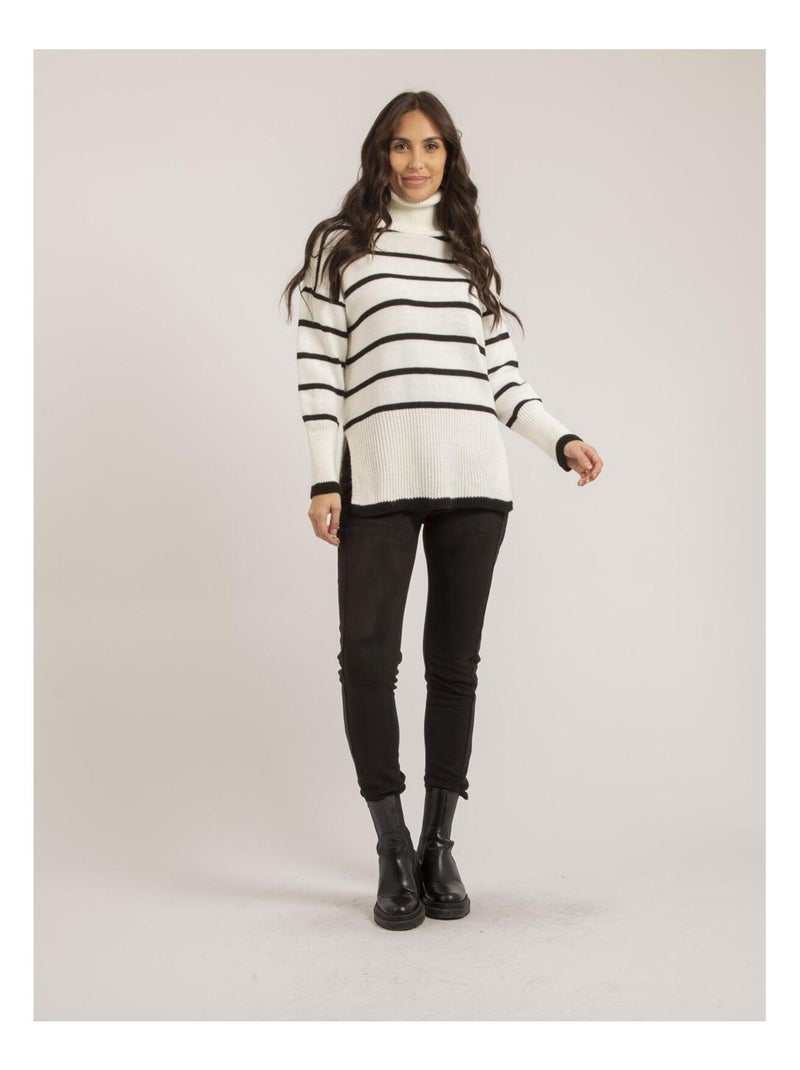 Pull col roulé rayures KATLYN Blanc - Kiabi
