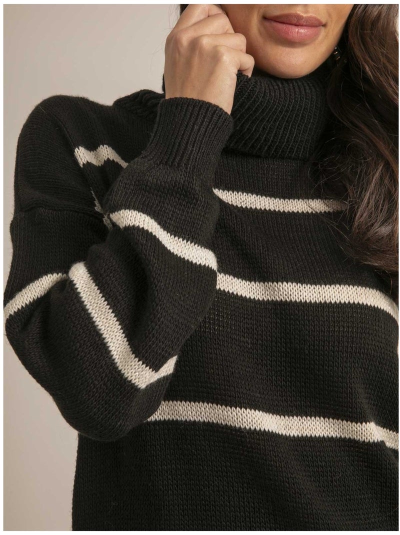 Pull col roulé rayures KAVALIE Noir - Kiabi