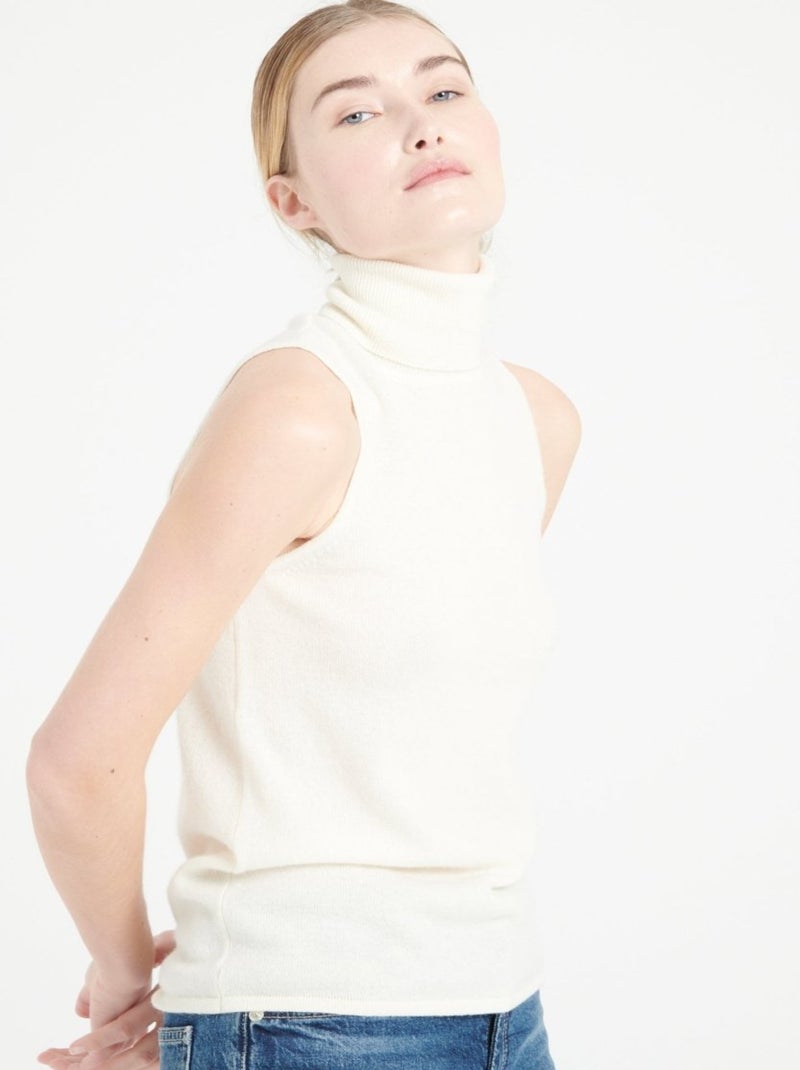Pull col roulé sans manches femme 100% cachemire - LILLY 13 Blanc Ecru - Kiabi