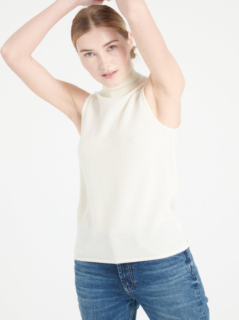 Pull col roulé sans manches femme 100% cachemire - LILLY 13 Blanc Ecru - Kiabi