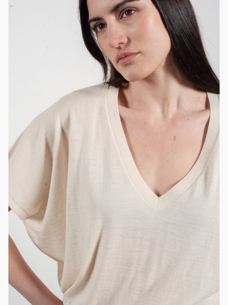 Pull col V à manches chauve souris femme 100% cachemire & laine ultrafin - KELLY 6 Blanc - Kiabi