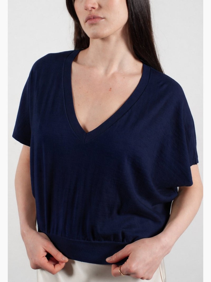 Pull col V à manches chauve souris femme 100% cachemire & laine ultrafin - KELLY 6 Bleu marine - Kiabi