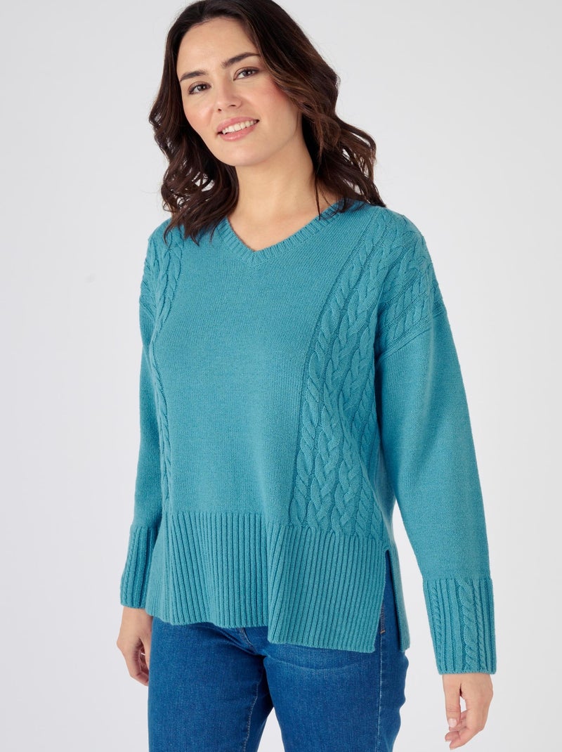 Pull col V à torsades - Damart Bleu canard - Kiabi