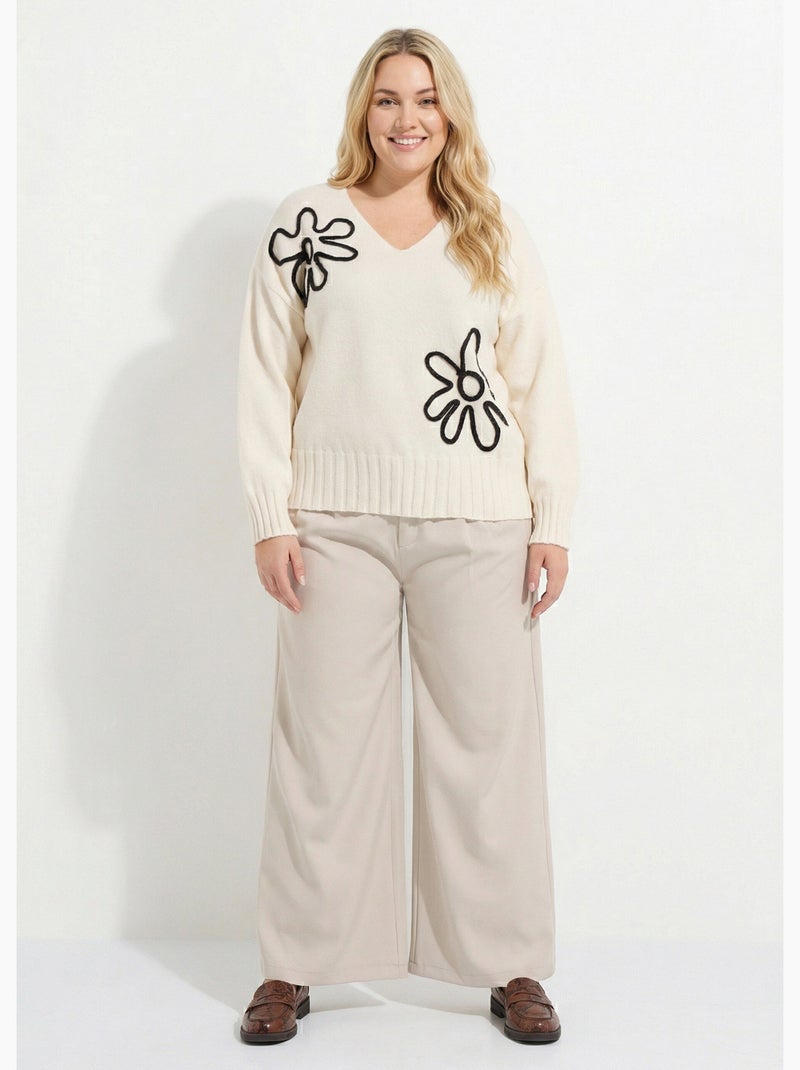 Pull col V applications fleurs - AFIBEL Ecru - Kiabi