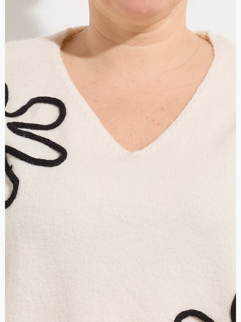 Pull col V applications fleurs - AFIBEL Ecru - Kiabi