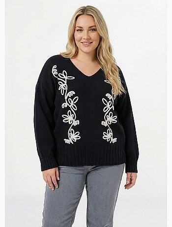 Pull col V avec broderies fleurs - AFIBEL